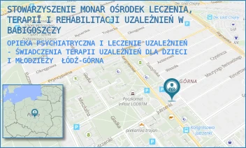 OPIEKA PSYCHIATRYCZNA I LECZENIE UZALEŻNIEŃ - ŚWIADCZENIA TERAPII UZALEŻNIEŃ DLA DZIECI I MŁODZIEŻY - STOWARZYSZENIE MONAR OŚRODEK LECZENIA, TERAPII I REHABILITACJI UZALEŻNIEŃ W BABIGOSZCZY - UL. TUSZYŃSKA 123/125/3U,  ŁÓDŹ-GÓRNA