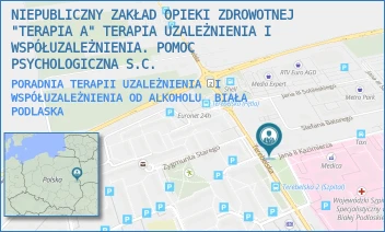 PORADNIA TERAPII UZALEŻNIENIA  I WSPÓŁUZALEŻNIENIA OD ALKOHOLU - NIEPUBLICZNY ZAKŁAD OPIEKI ZDROWOTNEJ "TERAPIA A" TERAPIA UZALEŻNIENIA I WSPÓŁUZALEŻNIENIA. POMOC PSYCHOLOGICZNA S.C. - TEREBELSKA 67,  BIAŁA PODLASKA