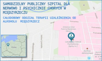 CAŁODOBOWY ODDZIAŁ TERAPII UZALEŻNIENIA OD ALKOHOLU - SAMODZIELNY PUBLICZNY SZPITAL DLA NERWOWO I PSYCHICZNIE CHORYCH W MIĘDZYRZECZU - UL. POZNAŃSKA 109,  MIĘDZYRZECZ
