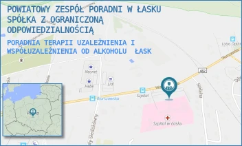 PORADNIA TERAPII UZALEŻNIENIA I WSPÓŁUZALEŻNIENIA OD ALKOHOLU - POWIATOWY ZESPÓŁ PORADNI W ŁASKU SPÓŁKA Z OGRANICZONĄ ODPOWIEDZIALNOŚCIĄ - UL. WARSZAWSKA 62,  ŁASK