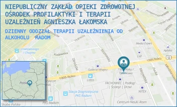 DZIENNY ODDZIAŁ TERAPII UZALEŻNIENIA OD ALKOHOLU - NIEPUBLICZNY ZAKŁAD OPIEKI ZDROWOTNEJ OŚRODEK PROFILAKTYKI I TERAPII UZALEŻNIEŃ AGNIESZKA ŁAKOMSKA - 1905 ROKU 21,  RADOM