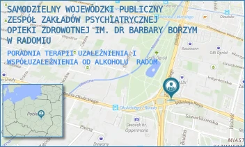 PORADNIA TERAPII UZALEŻNIENIA I WSPÓŁUZALEŹNIENIA OD ALKOHOLU - SAMODZIELNY WOJEWÓDZKI PUBLICZNY ZESPÓŁ ZAKŁADÓW PSYCHIATRYCZNEJ OPIEKI ZDROWOTNEJ IM. DR BARBARY BORZYM W RADOMIU - REJA 30,  RADOM