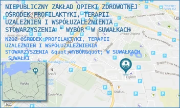 NZOZ OŚRODEK PROFILAKTYKI, TERAPII UZALEŻNIEŃ I WSPÓŁUZALEŻNIENIA STOWARZYSZENIA "WYBÓR" W SUWAŁKACH - NIEPUBLICZNY ZAKŁAD OPIEKI ZDROWOTNEJ OŚRODEK PROFILAKTYKI, TERAPII UZALEŻNIEŃ I WSPÓŁUZALEŻNIENIA STOWARZYSZENIA " WYBÓR" W SUWAŁKACH - EMILA MŁYNARSKIEGO 9,  SUWAŁKI