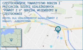 HOSTEL DLA UZALEŻNIONYCH "POWRÓT Z U" - CZĘSTOCHOWSKIE TOWARZYSTWO RODZIN I PRZYJACIÓŁ DZIECI UZALEŻNIONYCH "POWRÓT Z U" ODDZIAŁ WOJEWÓDZKI W CZĘSTOCHOWIE - LEGIONÓW 50,  CZĘSTOCHOWA