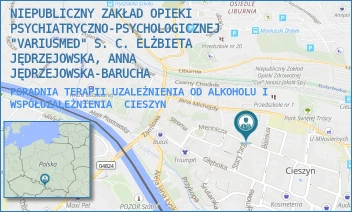 PORADNIA TERAPII UZALEŻNIENIA OD ALKOHOLU I WSPÓŁUZALEŻNIENIA - NIEPUBLICZNY ZAKŁAD OPIEKI PSYCHIATRYCZNO-PSYCHOLOGICZNEJ "VARIUSMED" S. C. E. JĘDRZEJOWSKA, A. JĘDRZEJOWSKA-BARUCHA, P. BARUCHA - UL. MENNICZA 20,  CIESZYN