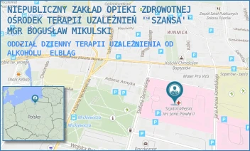 ODDZIAŁ DZIENNY TERAPII UZALEŻNIENIA OD ALKOHOLU - NIEPUBLICZNY ZAKŁAD OPIEKI ZDROWOTNEJ OŚRODEK TERAPII UZALEŻNIEŃ ''SZANSA'' MGR BOGUSŁAW MIKULSKI - ŻEROMSKIEGO 22,  ELBLĄG